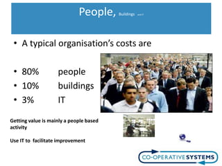 People,     Buildings   and IT




 • A typical organisation’s costs are

 • 80%              people
 • 10%              buildings
 • 3%               IT
Getting value is mainly a people based
activity

Use IT to facilitate improvement
 