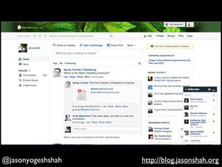 Here’sYammer.
What would you add, remove, or change?
@jasonyogeshshah http://blog.jasonshah.org
 