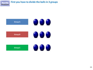 100
First you have to divide the balls in 3 groups
Group A
Group B
Group C
 