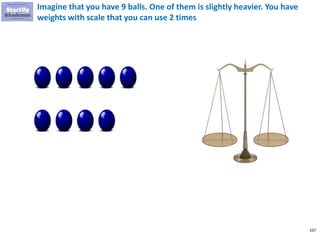 107
Imagine that you have 9 balls. One of them is slightly heavier. You have
weights with scale that you can use 2 times
 