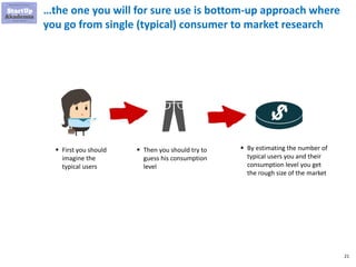21
…the one you will for sure use is bottom-up approach where
you go from single (typical) consumer to market research
▪ First you should
imagine the
typical users
▪ Then you should try to
guess his consumption
level
▪ By estimating the number of
typical users you and their
consumption level you get
the rough size of the market
 