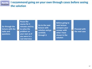 57
I recommend going on your own through cases before seeing
the solution
Go through the
lecture with the
tasks and
questions
Pause the
course for 5
minutes and try
to solve the
problem on
your own as if
you were in a
real interview
Go to the next
lecture with
solution and go
carefully
through it
Before going to
next lecture
compare your
answer with
what I have
shown in the
solution
Proceed with
the next case
 