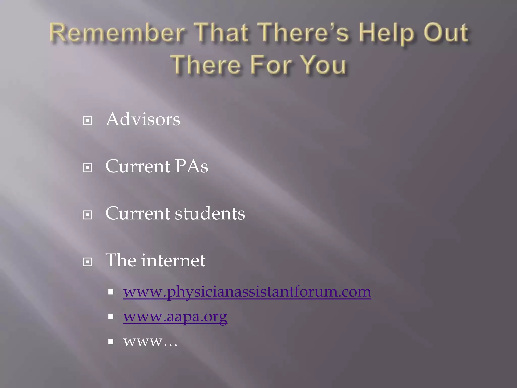 InterviewYou’ve impressed the Committee on paper, or at least intrigued them enough to meet in person Prepare, but don’t rehearseFamiliarize yourself with the program (mission statement, unique aspects) and the faculty membersMake sure you have a clear goal in mind and think about how you are going to convey that to themThe most important thing to keep in mind is to BE YOURSELF and don’t overanalyze things