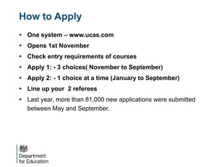 One system – www.ucas.com
 Opens 1st November
 Check entry requirements of courses
 Apply 1: - 3 choices( November to September)
 Apply 2: - 1 choice at a time (January to September)
 Line up your 2 referees
 Last year, more than 81,000 new applications were submitted
between May and September.
How to Apply
 