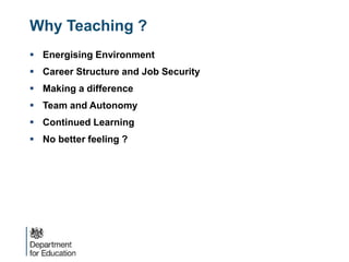  Energising Environment
 Career Structure and Job Security
 Making a difference
 Team and Autonomy
 Continued Learning
 No better feeling ?
Why Teaching ?
 