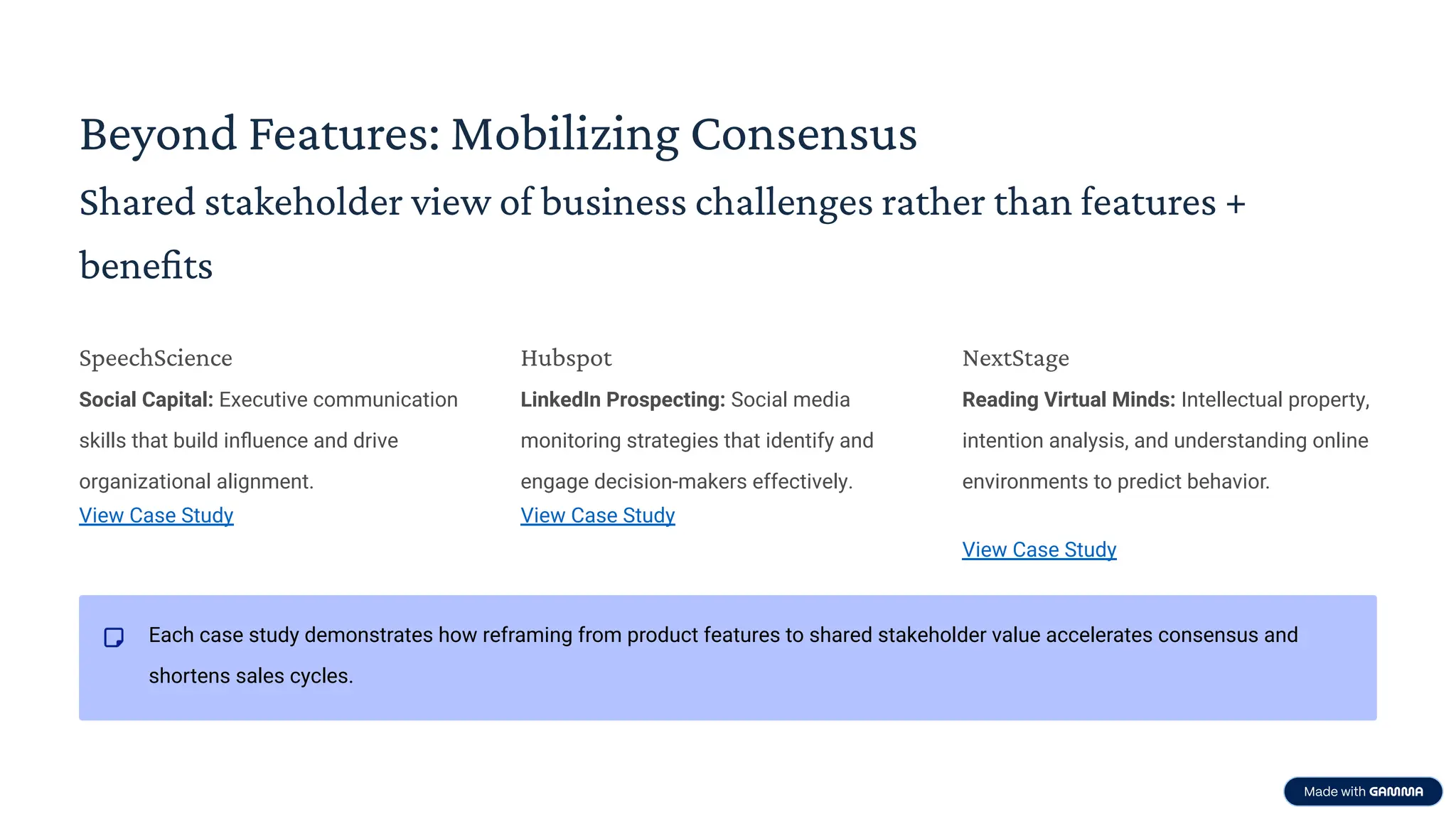 Beyond Features: Mobilizing Consensus
Shared stakeholder view of business challenges rather than features +
benefits
SpeechScience
Social Capital: Executive communication
skills that build influence and drive
organizational alignment.
View Case Study
Hubspot
LinkedIn Prospecting: Social media
monitoring strategies that identify and
engage decision-makers effectively.
View Case Study
NextStage
Reading Virtual Minds: Intellectual property,
intention analysis, and understanding online
environments to predict behavior.
View Case Study
Each case study demonstrates how reframing from product features to shared stakeholder value accelerates consensus and
shortens sales cycles.
 