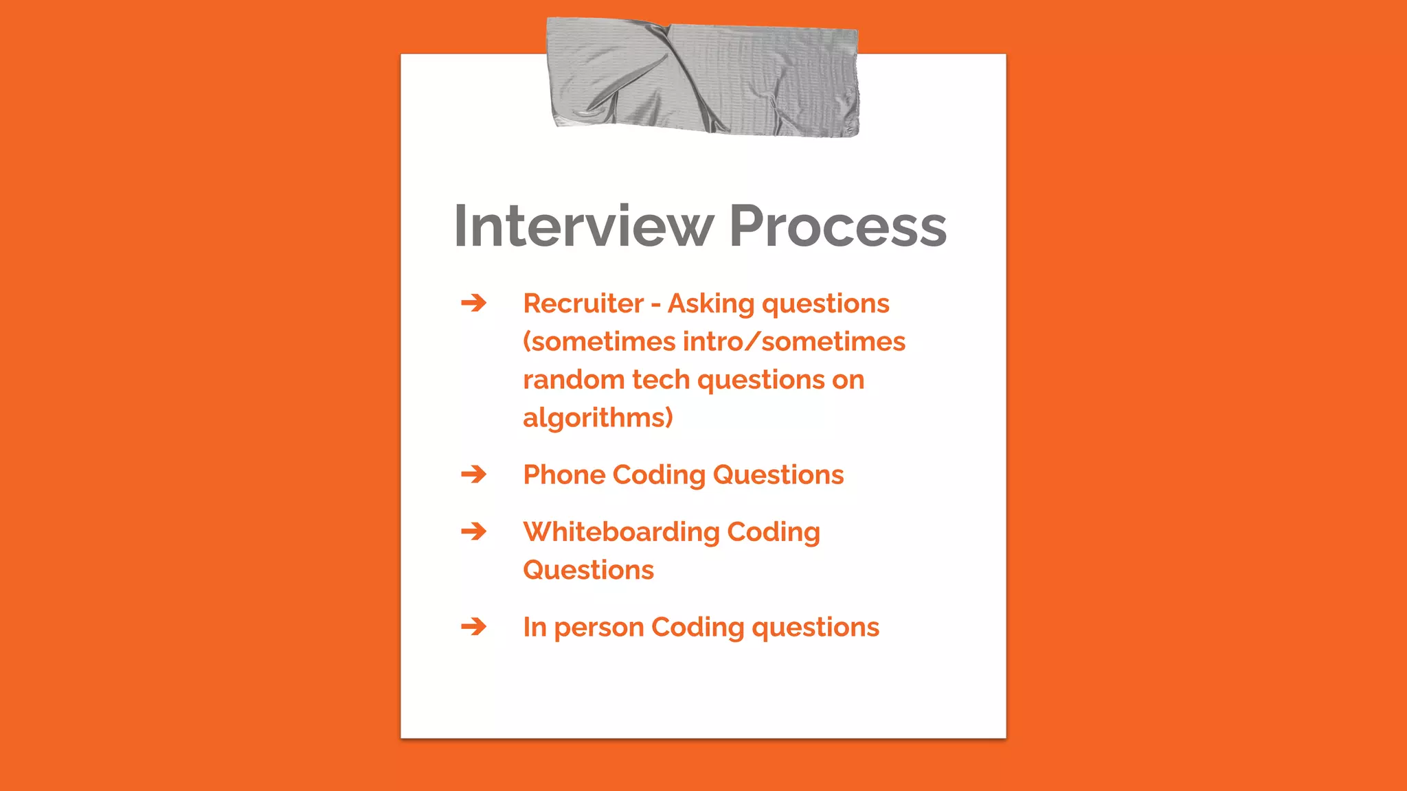 Interview Process
➔ Recruiter - Asking questions
(sometimes intro/sometimes
random tech questions on
algorithms)
➔ Phone Coding Questions
➔ Whiteboarding Coding
Questions
➔ In person Coding questions
 