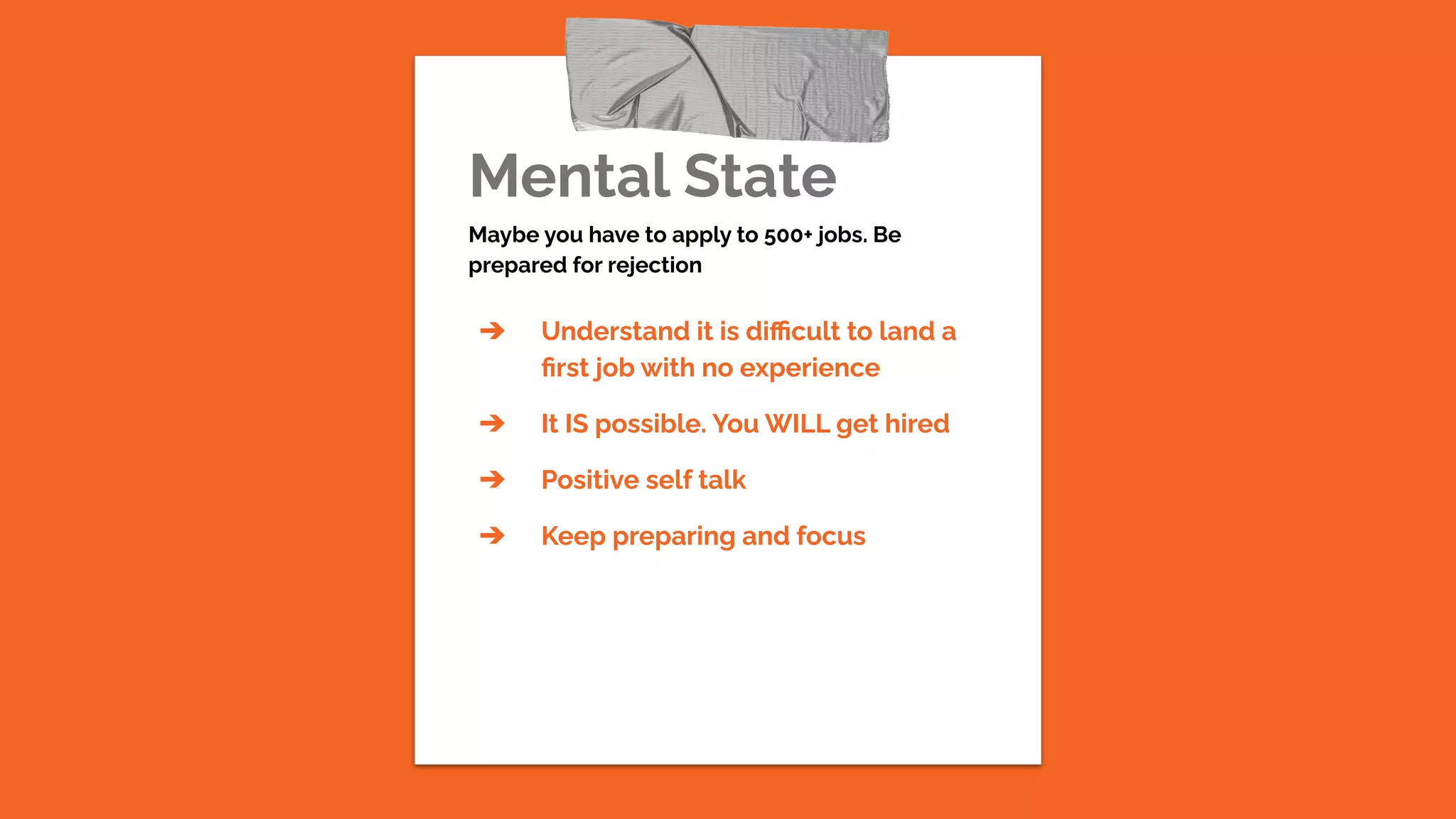 Mental State
Maybe you have to apply to 500+ jobs. Be
prepared for rejection
➔ Understand it is diﬃcult to land a
ﬁrst job with no experience
➔ It IS possible. You WILL get hired
➔ Positive self talk
➔ Keep preparing and focus
 