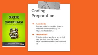 Coding
Preparation
➔ Leet Code
Prepare for tech questions for each
company you’d like to apply for
https:/
/leetcode.com/
➔ HackerRank
Practice coding questions, get ranked,
and standout from the crowd:
https:/
/www.hackerrank.com/dashboa
rd
 