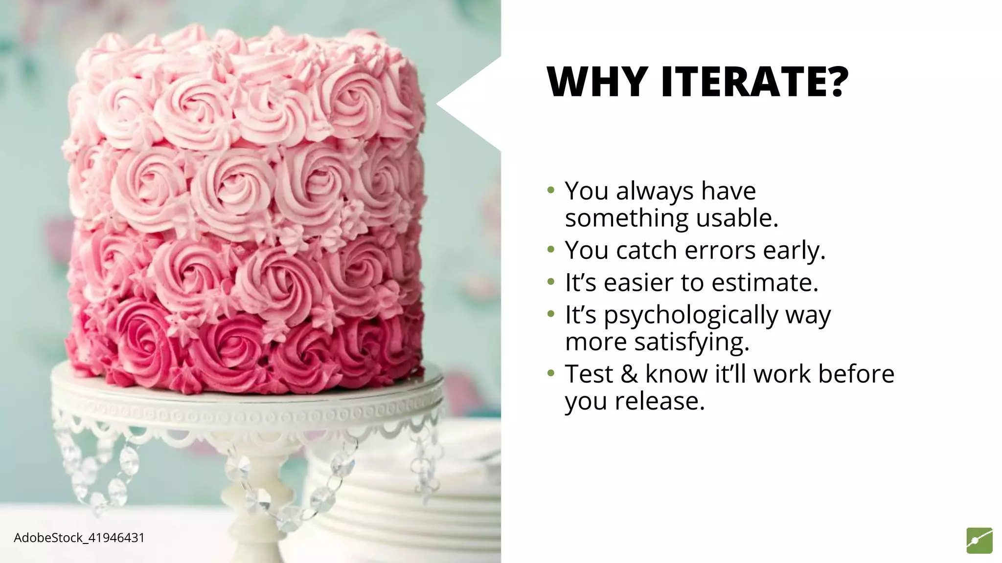 WHY ITERATE?
• You always have
something usable.
• You catch errors early.
• It’s easier to estimate.
• It’s psychologically way
more satisfying.
• Test & know it’ll work before
you release.
AdobeStock_41946431
 