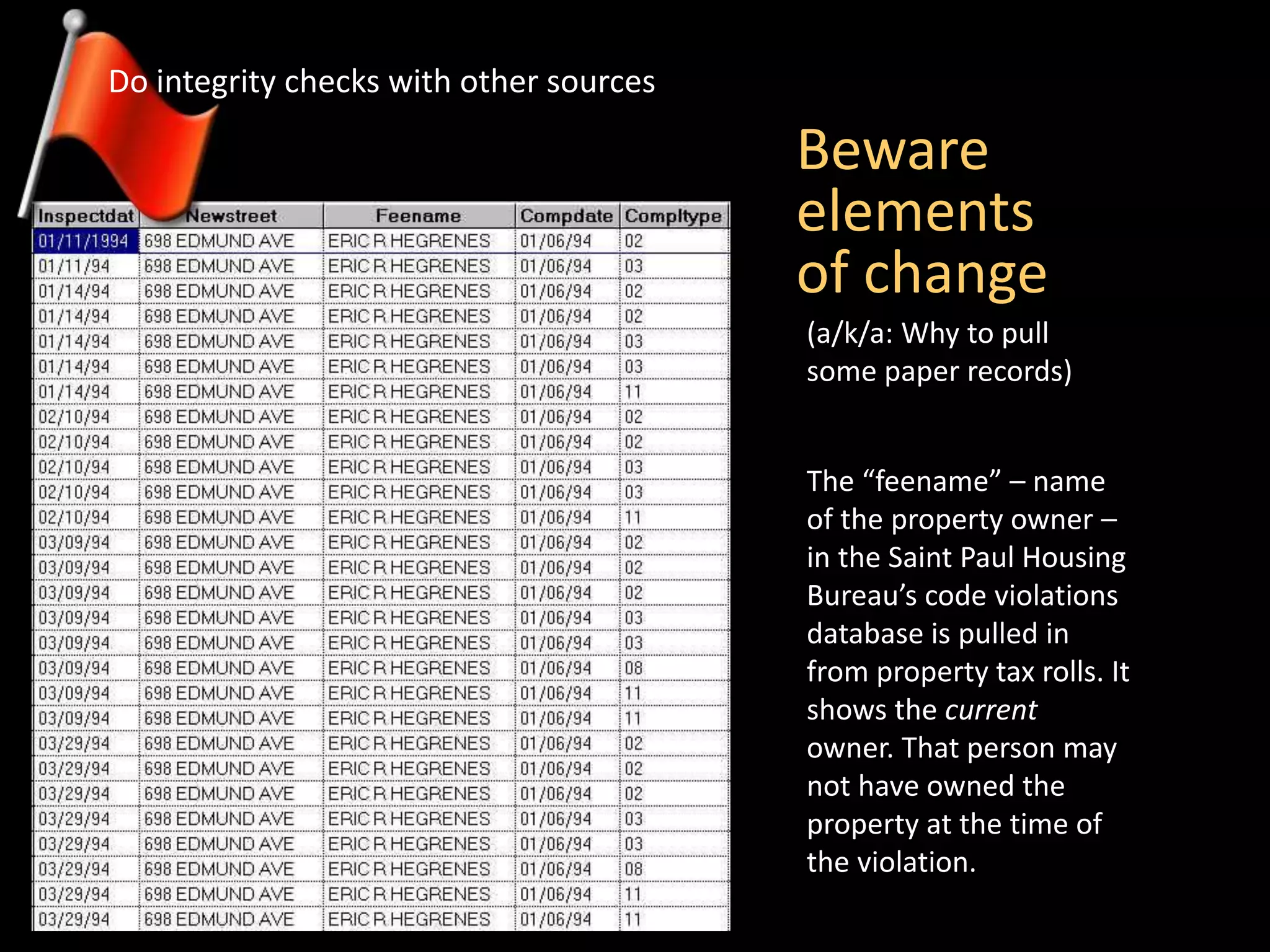 Beware
elements
of change
Do integrity checks with other sources
The “feename” – name
of the property owner –
in the Saint Paul Housing
Bureau’s code violations
database is pulled in
from property tax rolls. It
shows the current
owner. That person may
not have owned the
property at the time of
the violation.
(a/k/a: Why to pull
some paper records)
 