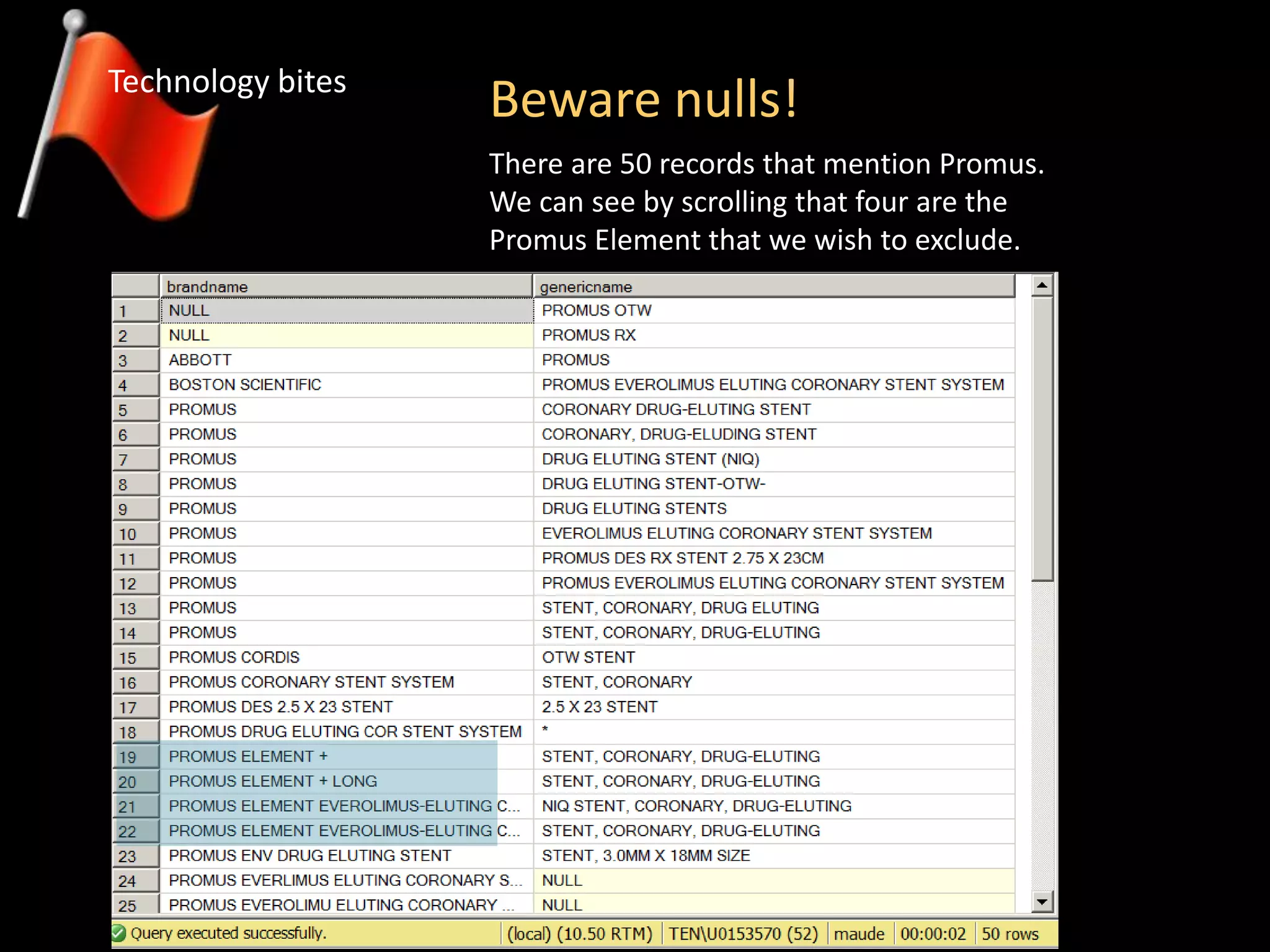 Beware nulls!Technology bites
There are 50 records that mention Promus.
We can see by scrolling that four are the
Promus Element that we wish to exclude.
 