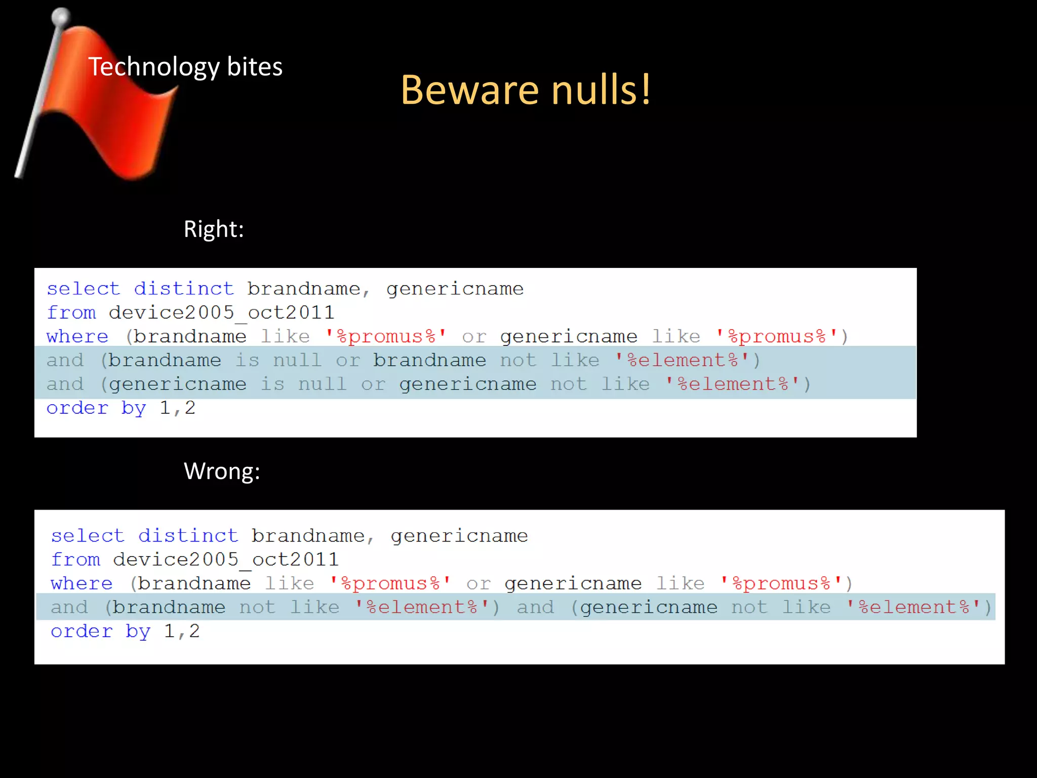 Beware nulls!
Technology bites
Right:
Wrong:
 