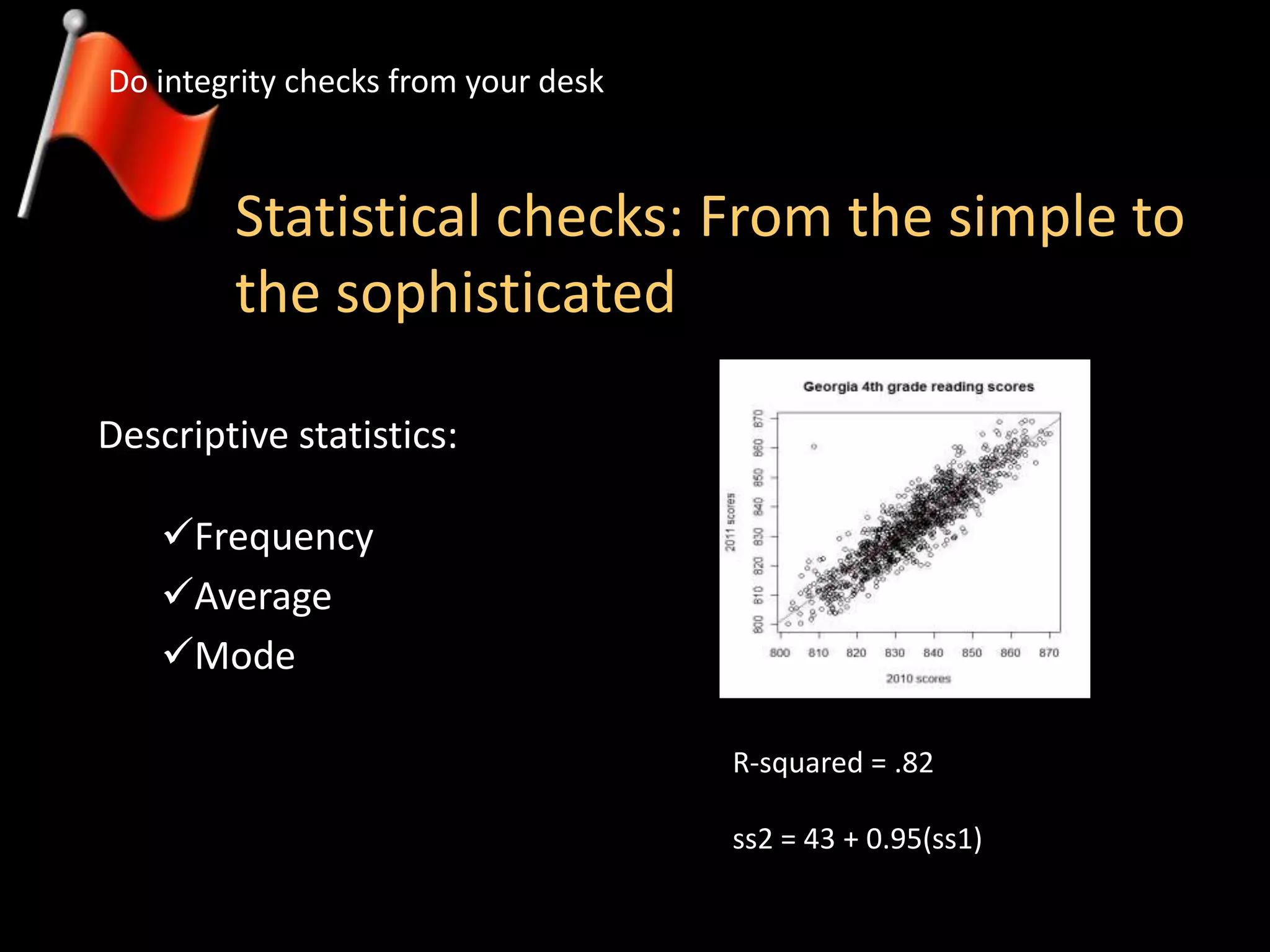 Statistical checks: From the simple to
the sophisticated
Do integrity checks from your desk
R-squared = .82
ss2 = 43 + 0.95(ss1)
Descriptive statistics:
Frequency
Average
Mode
 