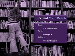 Extend Your Reach
                          CALL
                                 + 91 98982 69489
                          SKYPE
                                 untangle.in
                          E-MAIL
                                 info@untangle.in




4/3/2012   68
           Infinium (India) Limited
 