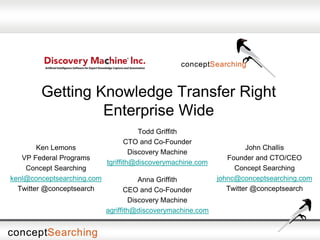 Getting Knowledge Transfer Right
Enterprise Wide
Ken Lemons
VP Federal Programs
Concept Searching
kenl@conceptsearching.com
Twitter @conceptsearch
Todd Griffith
CTO and Co-Founder
Discovery Machine
tgriffith@discoverymachine.com
John Challis
Founder and CTO/CEO
Concept Searching
johnc@conceptsearching.com
Twitter @conceptsearch
Anna Griffith
CEO and Co-Founder
Discovery Machine
agriffith@discoverymachine.com
 