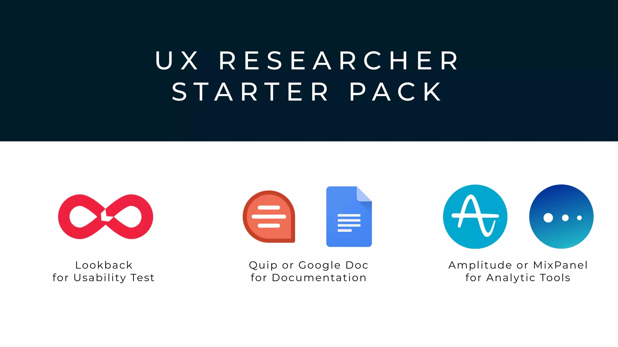 U X R E S E A R C H E R
S T A R T E R P A C K
Quip or Google Doc
for Documentation
Lookback
for Usability Test
Amplitude or MixPanel
for Analytic Tools
 