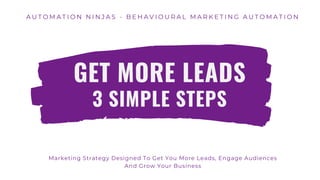 Marketing Strategy Designed To Get You More Leads, Engage Audiences
And Grow Your Business
A U T O M A T I O N N I N J A S - B E H A V I O U R A L M A R K E T I N G A U T O M A T I O N
GET MORE LEADS
3 SIMPLE STEPS
 
