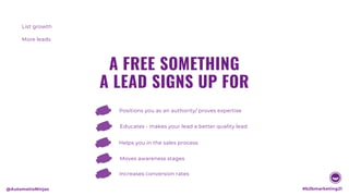 A FREE SOMETHING
A LEAD SIGNS UP FOR
Positions you as an authority/ proves expertise
Educates - makes your lead a better q...