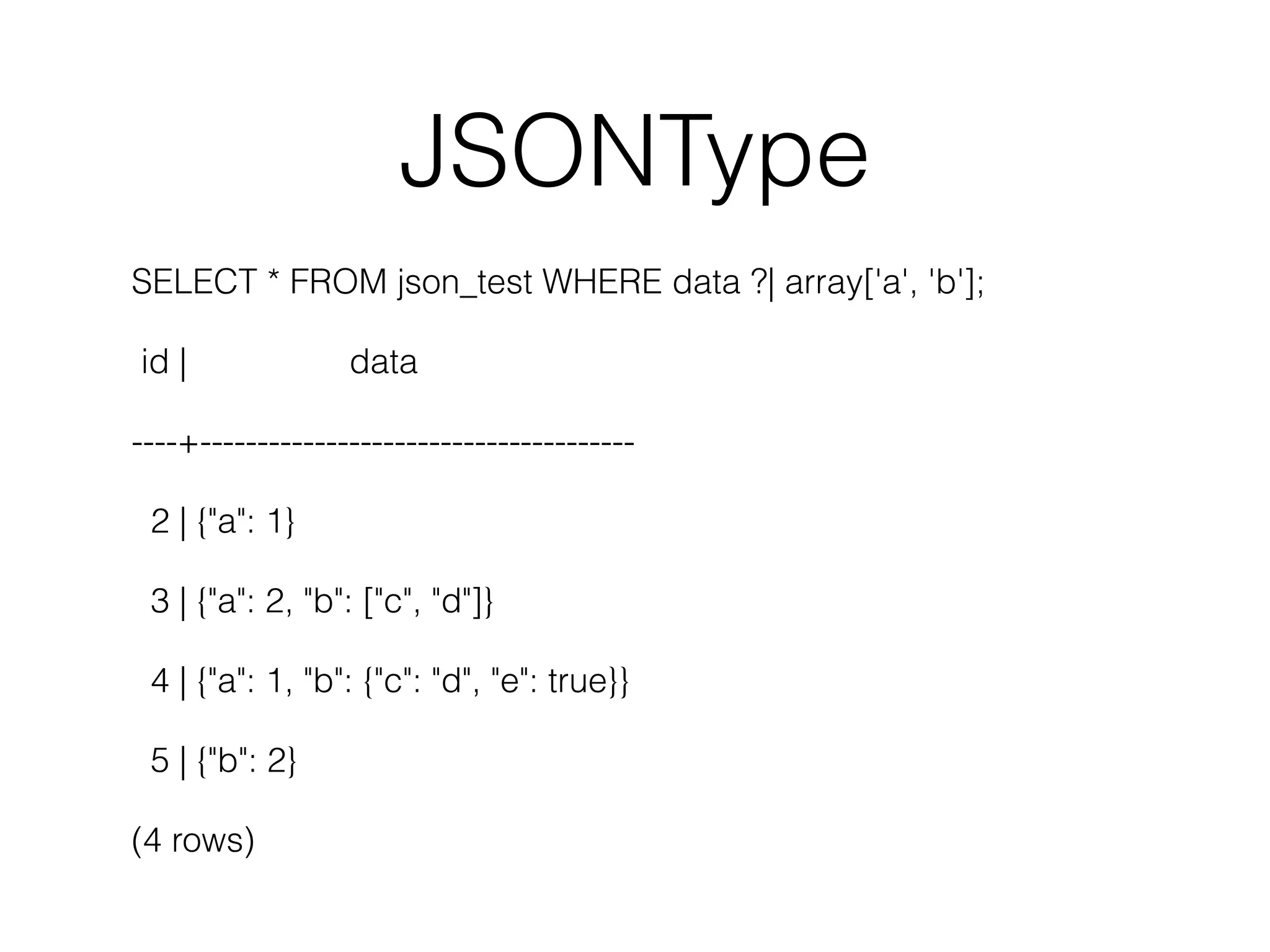 JSONType SELECT * FROM json_test WHERE data ?| array['a', 'b']; id | data ----+-------------------------------------- 2 | {"a": 1} 3 | {"a": 2, "b": ["c", "d"]} 4 | {"a": 1, "b": {"c": "d", "e": true}} 5 | {"b": 2} (4 rows) 