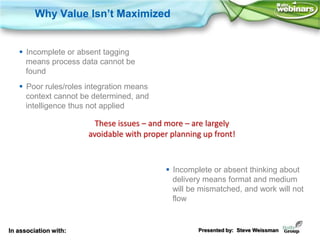 Why Value Isn’t Maximized


    Incomplete or absent tagging
     means process data cannot be
     found
    Poor rules...