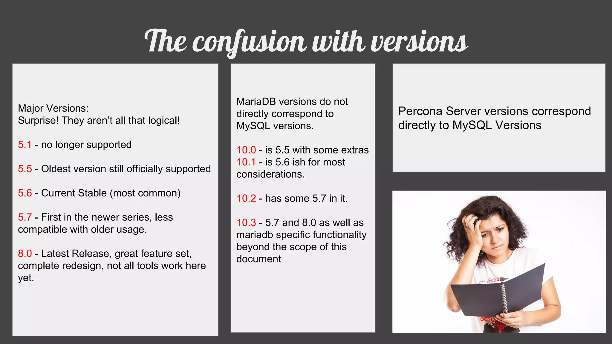 The confusion with versions
Major Versions:
Surprise! They aren’t all that logical!
5.1 - no longer supported
5.5 - Oldest version still officially supported
5.6 - Current Stable (most common)
5.7 - First in the newer series, less
compatible with older usage.
8.0 - Latest Release, great feature set,
complete redesign, not all tools work here
yet.
MariaDB versions do not
directly correspond to
MySQL versions.
10.0 - is 5.5 with some extras
10.1 - is 5.6 ish for most
considerations.
10.2 - has some 5.7 in it.
10.3 - 5.7 and 8.0 as well as
mariadb specific functionality
beyond the scope of this
document
Percona Server versions correspond
directly to MySQL Versions
 