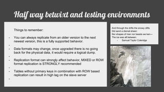 Half way betwixt and testing environments
And through the drifts the snowy clifts
Did send a dismal sheen:
Nor shapes of men nor beasts we ken—
The ice was all between.
- Samuel Taylor Coleridge
Things to remember:
- You can always replicate from an older version to the next
newest version, this is a fully supported behavior.
-
- Data formats may change, once upgraded there is no going
back for the physical data, it would require a logical dump.
-
- Replication format can strongly affect behavior, MIXED or ROW
format replication is STRONGLY recommended
-
- Tables without primary keys in combination with ROW based
replication can result in high lag on the slave server
-
 