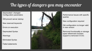 The types of dangers you may encounter
Deprecated / changed
Configuration parameters
-
Will prevent server startup
New reserved keywords
-
Errors on execution
Deprecated Syntax
-
Warnings
Eliminated Syntax
-
Failed statements
Performance Issues with specific
queries
New configuration required
Old configuration no longer valid
in new version
Removed functionality or storage
types referenced (myisam
support is removed in 8.0!)
 