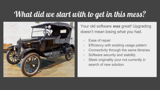 -
What did we start with to get in this mess?
Your old software was great! Upgrading
doesn’t mean losing what you had.
- Ease of repair
- Efficiency with existing usage pattern
- Connectivity through the same libraries
- Software security and stability
- Sleek originality your not currently in
search of new solution
 