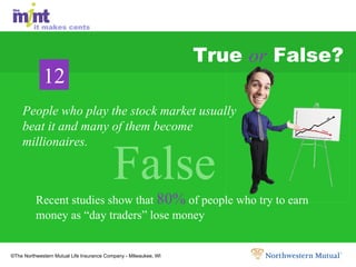 True  or  False? Recent studies show that  80%  of people who try to earn money as “day traders” lose money False False False People who play the stock market usually beat it and many of them become millionaires. 12 