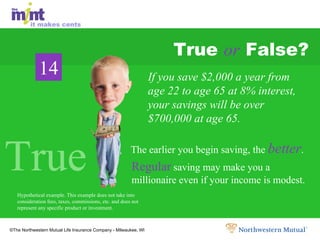 True  or  False? Hypothetical example. This example does not take into consideration fees, taxes, commissions, etc. and does not represent any specific product or investment. The earlier you begin saving, the  better . Regular  saving may make you a millionaire even if your income is modest. True True True If you save $2,000 a year from age 22 to age 65 at 8% interest, your savings will be over $700,000 at age 65. 14 