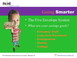Getting   Smarter The Five Envelope System What are your savings goals? Everyday  Stuff Long term Purchases Emergencies Charity College 