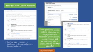 @jasonlauritzen
 Ads Manager ⟶ Assets ⟶
Audiences ⟶ Create Audience ⟶
Custom Audience
 