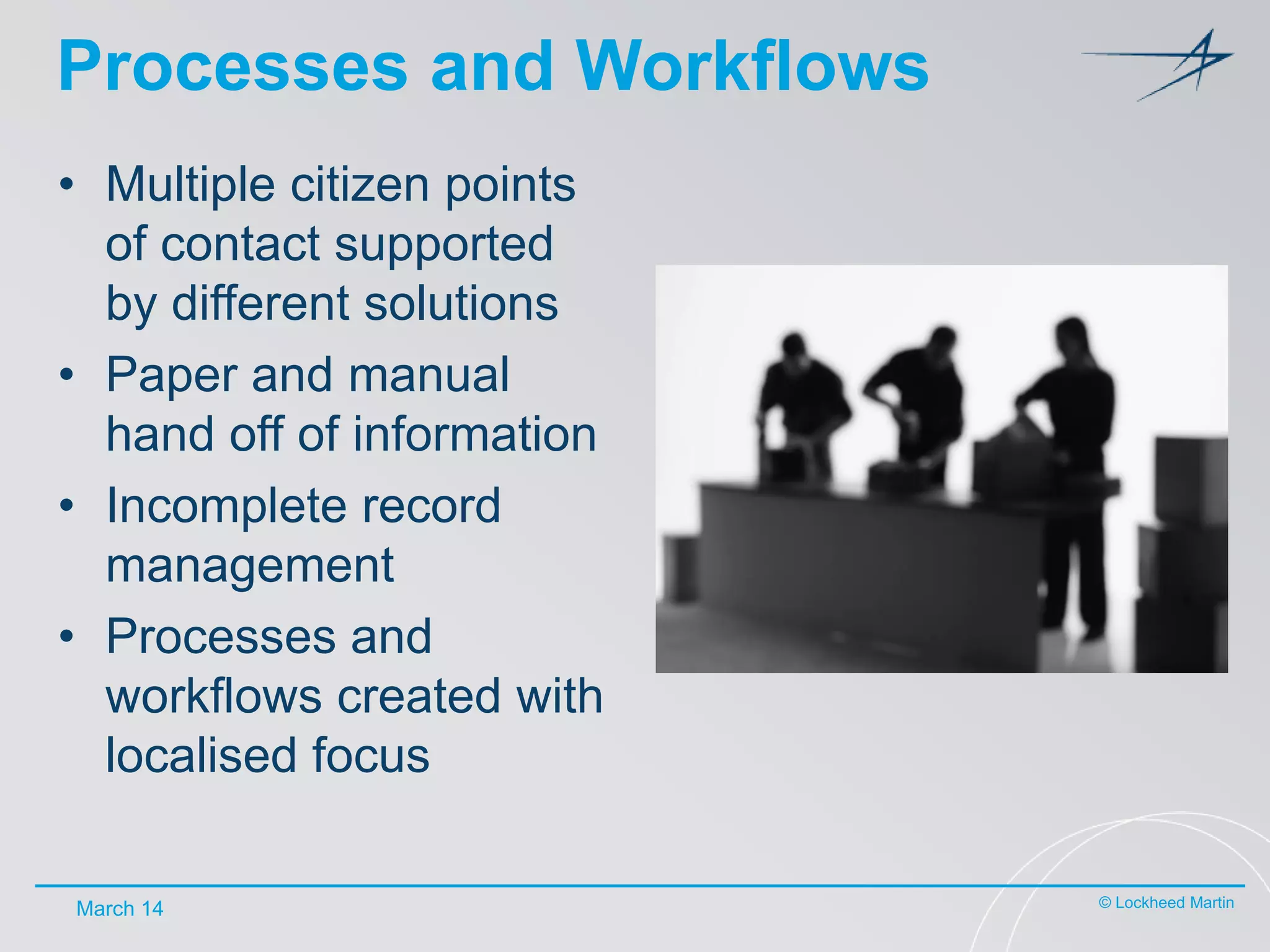 Processes and Workflows
• Multiple citizen points
of contact supported
by different solutions
• Paper and manual
hand off of information
• Incomplete record
management
• Processes and
workflows created with
localised focus
March 14

© Lockheed Martin

 