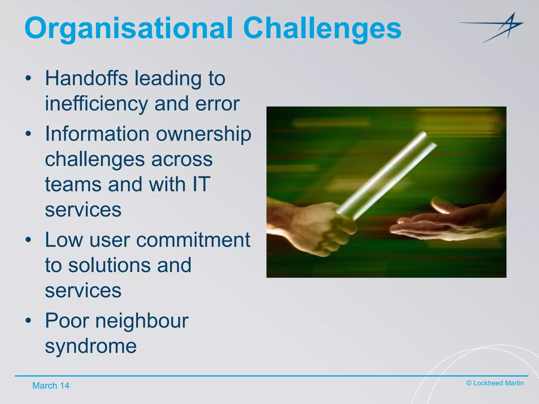 Organisational Challenges
• Handoffs leading to
inefficiency and error
• Information ownership
challenges across
teams and with IT
services
• Low user commitment
to solutions and
services
• Poor neighbour
syndrome
March 14

© Lockheed Martin

 