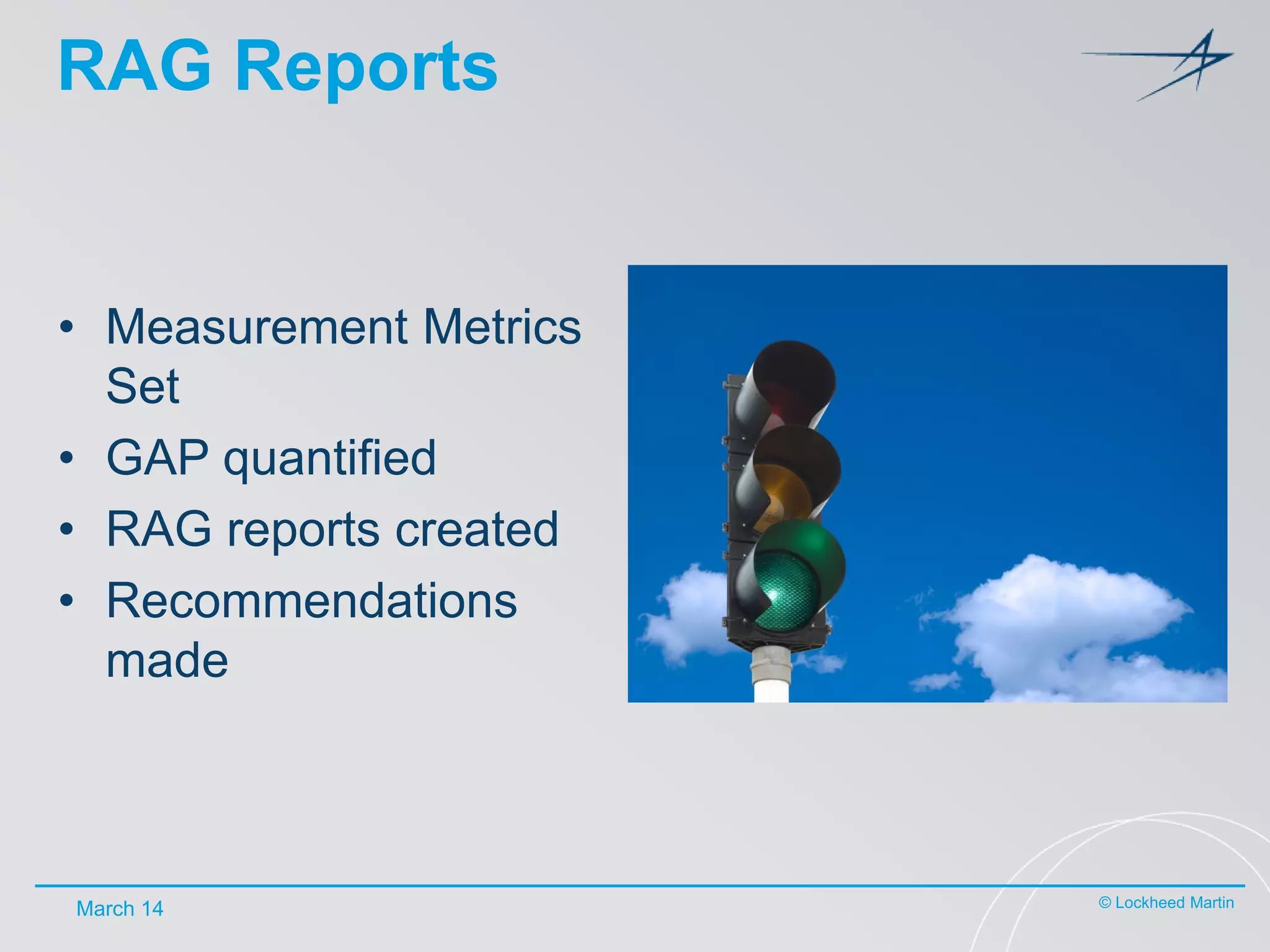 RAG Reports

• Measurement Metrics
Set
• GAP quantified
• RAG reports created
• Recommendations
made

March 14

© Lockheed Martin

 