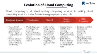 Evolution of Cloud Computing
Cloud computing is all about renting computing services. In making cloud
computing what it is today, ﬁve technologies played a vital role.
● Composition of
multiple independent
systems but all of
them are depicted as
a single entity to the
users.
● Purpose is to share
resources and also
use them effectively
and eﬃciently
● Refers to the process
of creating a virtual
layer over the
hardware which allows
the user to run multiple
instances
simultaneously on the
hardware.
● It is the interface
through which the
cloud computing
services interact
with the clients.
● Popular examples
of web 2.0 include
Google Maps,
Facebook, Twitter,
etc.
● Computing model that
deﬁnes service
provisioning
techniques for
services.
● Eg. compute services
along with other major
services such as
storage, infrastructure
Distributed Systems Virtualization Web 2.0
Utility
Computing
Service
orientation
● Acts as a reference
model for cloud
computing.
● It supports low-cost,
ﬂexible, and evolvable
applications.
● Quality of Service
(QoS) and Software
as a Service (SaaS)
also introduced in this
model.
 