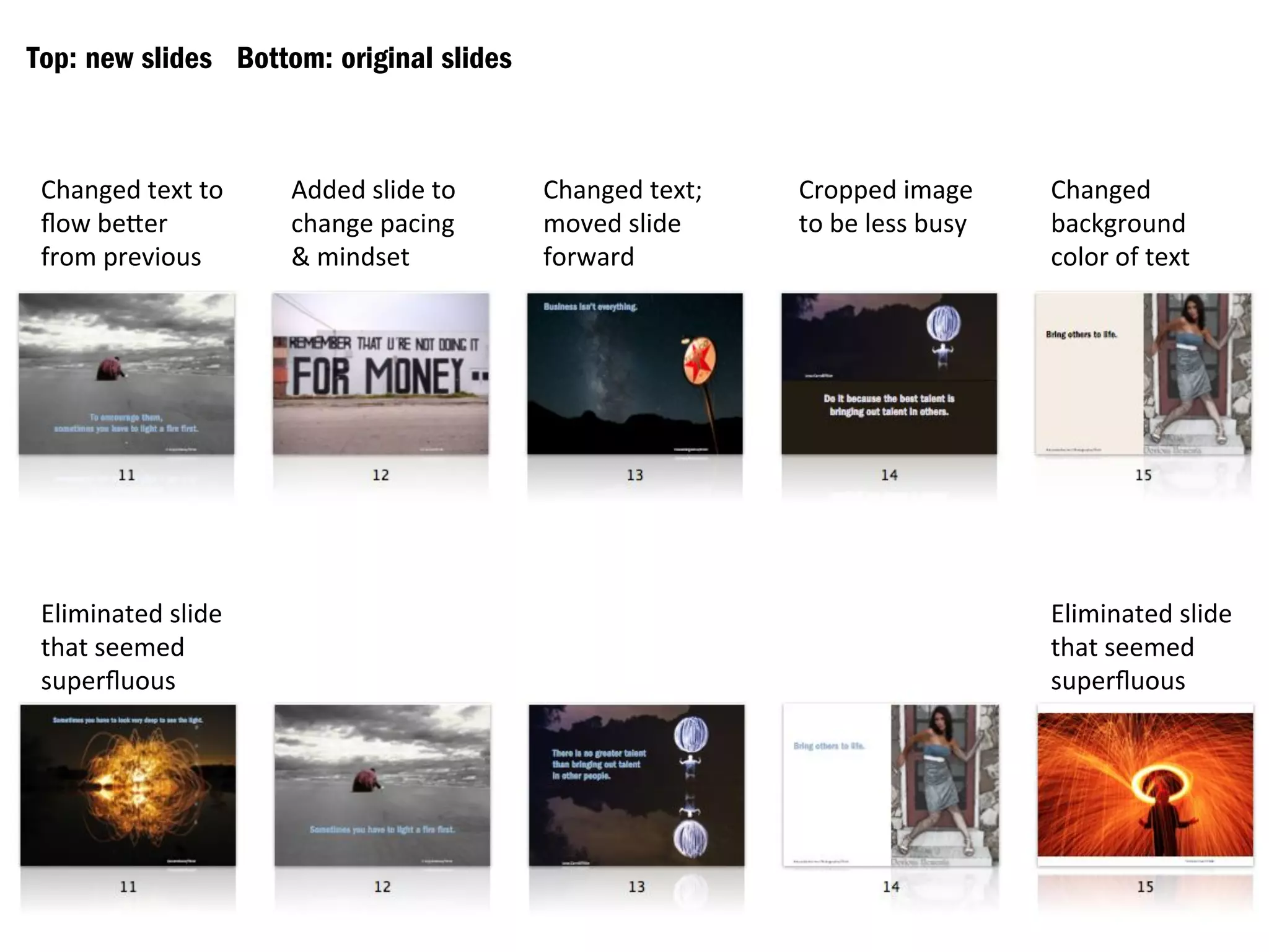 Top: new slides Bottom: original slides
Changed
text
to
flow
beBer
from
previous
Added
slide
to
change
pacing
&
mindset
Changed
text;
moved
slide
forward
Cropped
image
to
be
less
busy
Changed
background
color
of
text
Eliminated
slide
that
seemed
superfluous
Eliminated
slide
that
seemed
superfluous