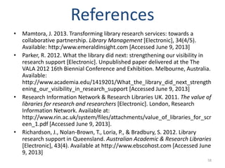 Loria Parker Research support services at an academic library, presented at UFS 27 ...