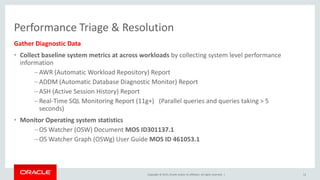 Copyright © 2015, Oracle and/or its affiliates. All rights reserved. |
Performance Triage & Resolution
Gather Diagnostic Data
• Collect baseline system metrics at across workloads by collecting system level performance
information
–AWR (Automatic Workload Repository) Report
–ADDM (Automatic Database Diagnostic Monitor) Report
–ASH (Active Session History) Report
–Real-Time SQL Monitoring Report (11g+) (Parallel queries and queries taking > 5
seconds)
• Monitor Operating system statistics
–OS Watcher (OSW) Document MOS ID301137.1
–OS Watcher Graph (OSWg) User Guide MOS ID 461053.1
12
 