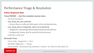 Copyright © 2015, Oracle and/or its affiliates. All rights reserved. |
Performance Triage & Resolution
Gather Diagnostic Data
Trace/TKPROF … Get the complete session story
– Set Trace Parameters
– max_dump_file_size=unlimited
• Ensure there is sufficient disk space in the tracing directory
– user_dump_dest or if diagnostic_dest is set in Oracle11g
• (diagnostic_dest)/diag/rdbms/(dbname)/(instname)/trace
• background_dump_dest for parallel slave processes
– STATISTICS_LEVEL=ALL
Generate Trace
– Forms: Help -> Diagnostics -> Trace
– OA HTML: Diagnostics -> Tracing
– Set the profile: “Initialization SQL Statement - Custom“. Use FND_CTL.FND_SESS_CTL
14
 