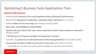 Copyright © 2015, Oracle and/or its affiliates. All rights reserved. |
Optimizing E-Business Suite Applications Tiers
Optimize JVM Processes
• Total available memory is the most important factor affecting GC performance.
• Monitor the frequency of collections, especially major collections (i.e. Full GC)
• Enable verbose GC to tune heap sizes based on the GC traffic
• Start with: -Xms1024M and –Xmx1024M
• Setting -Xms and -Xmx to the same value avoids the need for heap memory re-allocation
during runtime
• If full GCs are too frequent, consider increasing Xms and Xmx
• Consider using jstat to see and review each of the heap generations for possible tuning
• Increase the number of JVMs to scale up for more users with faster GC times.
– Each JVM has a smaller Xmx,Xms memory footprint so full GCs will be faster!
27
 