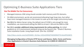 Copyright © 2015, Oracle and/or its affiliates. All rights reserved. |
Size The Middle Tier For Concurrency
• Managed instances JVM sizing should consider both memory and CPU domains.
• On 64bit environment, we do not recommend allocating huge heap sizes, but rather
have more managed instances in the cluster to scale up to the target concurrency levels.
• For 12.2, for Admin Server sizing, the default size of 512M is not enough for most
installations, we recommend setting the XMS to at least 1 GB and the XMX to 2GB
• For 12.2, consider additional sizing requirements for online patching. An initial
guidance on 12.2 environment standard sizing can be found in the “Oracle E-Business
Suite Installation Guide: Using Rapid Install (Part No. E22950)”
http://docs.oracle.com/cd/E26401_01/doc.122/e22950/T422699i4773.htm#T610671
Managing Configuration of Oracle HTTP Server and Oacore, Oafm, Forms and Forms-
c4ws Applications in Oracle E-Business Suite Release 12.2 (MOS ID 1905593.1)
30
Optimizing E-Business Suite Applications Tiers
 