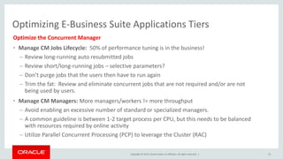 Copyright © 2015, Oracle and/or its affiliates. All rights reserved. |
Optimizing E-Business Suite Applications Tiers
Optimize the Concurrent Manager
• Manage CM Jobs Lifecycle: 50% of performance tuning is in the business!
– Review long-running auto resubmitted jobs
– Review short/long-running jobs – selective parameters?
– Don’t purge jobs that the users then have to run again
– Trim the fat: Review and eliminate concurrent jobs that are not required and/or are not
being used by users.
• Manage CM Managers: More managers/workers != more throughput
– Avoid enabling an excessive number of standard or specialized managers.
– A common guideline is between 1-2 target process per CPU, but this needs to be balanced
with resources required by online activity
– Utilize Parallel Concurrent Processing (PCP) to leverage the Cluster (RAC)
31
 