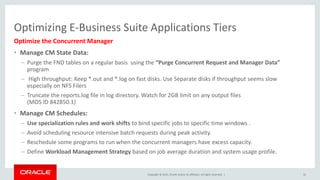 Copyright © 2015, Oracle and/or its affiliates. All rights reserved. |
Optimizing E-Business Suite Applications Tiers
Optimize the Concurrent Manager
• Manage CM State Data:
– Purge the FND tables on a regular basis using the “Purge Concurrent Request and Manager Data”
program
– High throughput: Keep *.out and *.log on fast disks. Use Separate disks if throughput seems slow
especially on NFS Filers
– Truncate the reports.log file in log directory. Watch for 2GB limit on any output files
(MOS ID 842850.1)
• Manage CM Schedules:
– Use specialization rules and work shifts to bind specific jobs to specific time windows .
– Avoid scheduling resource intensive batch requests during peak activity.
– Reschedule some programs to run when the concurrent managers have excess capacity.
– Define Workload Management Strategy based on job average duration and system usage profile.
32
 