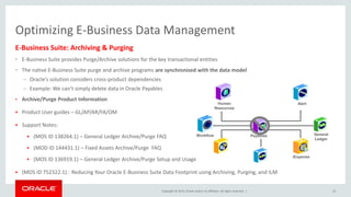 Copyright © 2015, Oracle and/or its affiliates. All rights reserved. |
Optimizing E-Business Data Management
E-Business Suite: Archiving & Purging
• E-Business Suite provides Purge/Archive solutions for the key transactional entities
• The native E-Business Suite purge and archive programs are synchronized with the data model
– Oracle’s solution considers cross-product dependencies
– Example: We can’t simply delete data in Oracle Payables
• Archive/Purge Product Information
 Product User guides – GL/AP/AR/FA/OM
 Support Notes:
 (MOS ID 138264.1) – General Ledger Archive/Purge FAQ
 (MOD ID 144431.1) – Fixed Assets Archive/Purge FAQ
 (MOS ID 136919.1) – General Ledger Archive/Purge Setup and Usage
 (MOS ID 752322.1) : Reducing Your Oracle E-Business Suite Data Footprint using Archiving, Purging, and ILM
53
Payables
Human
Resources
Alert
General
Ledger
Workflow
iExpense
 
