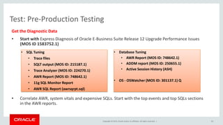 Copyright © 2015, Oracle and/or its affiliates. All rights reserved. |
Test: Pre-Production Testing
Get the Diagnostic Data
• Start with Express Diagnosis of Oracle E-Business Suite Release 12 Upgrade Performance Issues
(MOS ID 1583752.1)
• Correlate AWR, system vitals and expensive SQLs. Start with the top events and top SQLs sections
in the AWR reports.
63
• SQL Tuning
• Trace files
• SQLT output (MOS ID: 215187.1)
• Trace Analyzer (MOS ID: 224270.1)
• AWR Report (MOS ID: 748642.1)
• 11g SQL Monitor Report
• AWR SQL Report (awrsqrpt.sql)
• Database Tuning
• AWR Report (MOS ID: 748642.1)
• ADDM report (MOS ID: 250655.1)
• Active Session History (ASH)
• OS - OSWatcher (MOS ID: 301137.1) Q
 