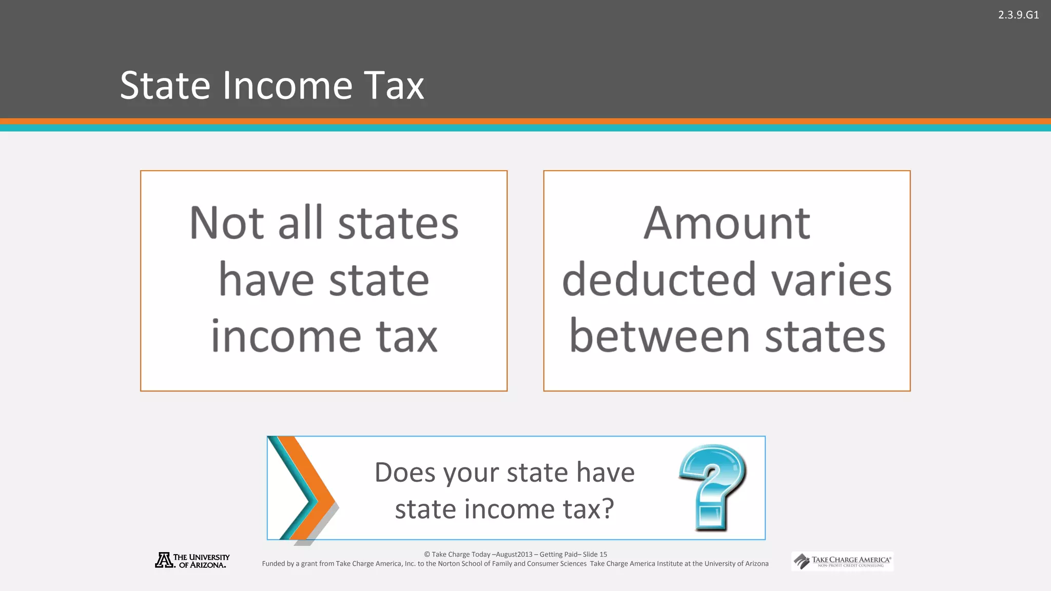 2.3.9.G1
© Take Charge Today –August2013 – Getting Paid– Slide 15
Funded by a grant from Take Charge America, Inc. to the Norton School of Family and Consumer Sciences Take Charge America Institute at the University of Arizona
State Income Tax
Does your state have
state income tax?
 