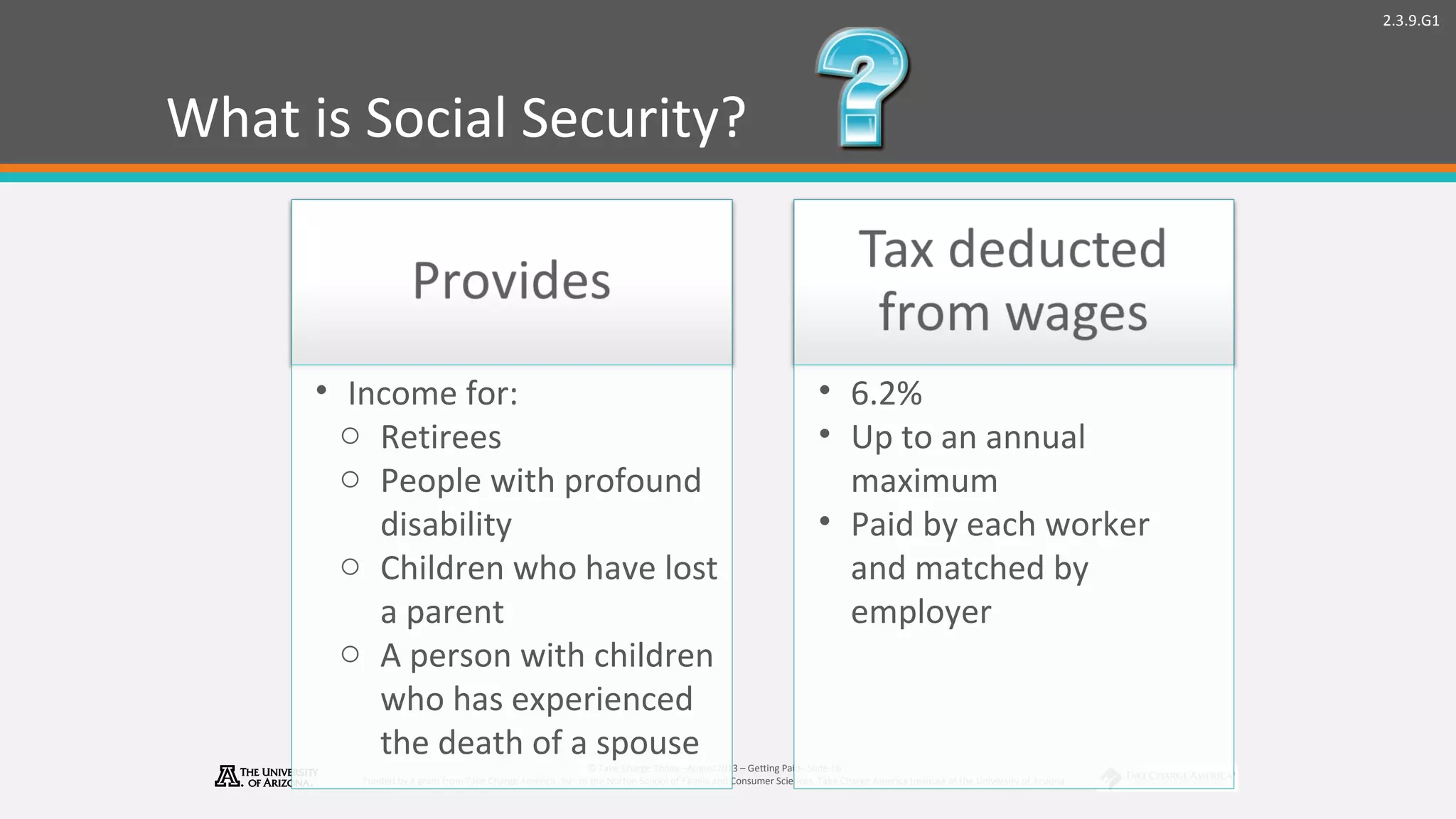 2.3.9.G1
© Take Charge Today –August2013 – Getting Paid– Slide 16
Funded by a grant from Take Charge America, Inc. to the Norton School of Family and Consumer Sciences Take Charge America Institute at the University of Arizona
What is Social Security?
• Income for:
o Retirees
o People with profound
disability
o Children who have lost
a parent
o A person with children
who has experienced
the death of a spouse
• 6.2%
• Up to an annual
maximum
• Paid by each worker
and matched by
employer
 