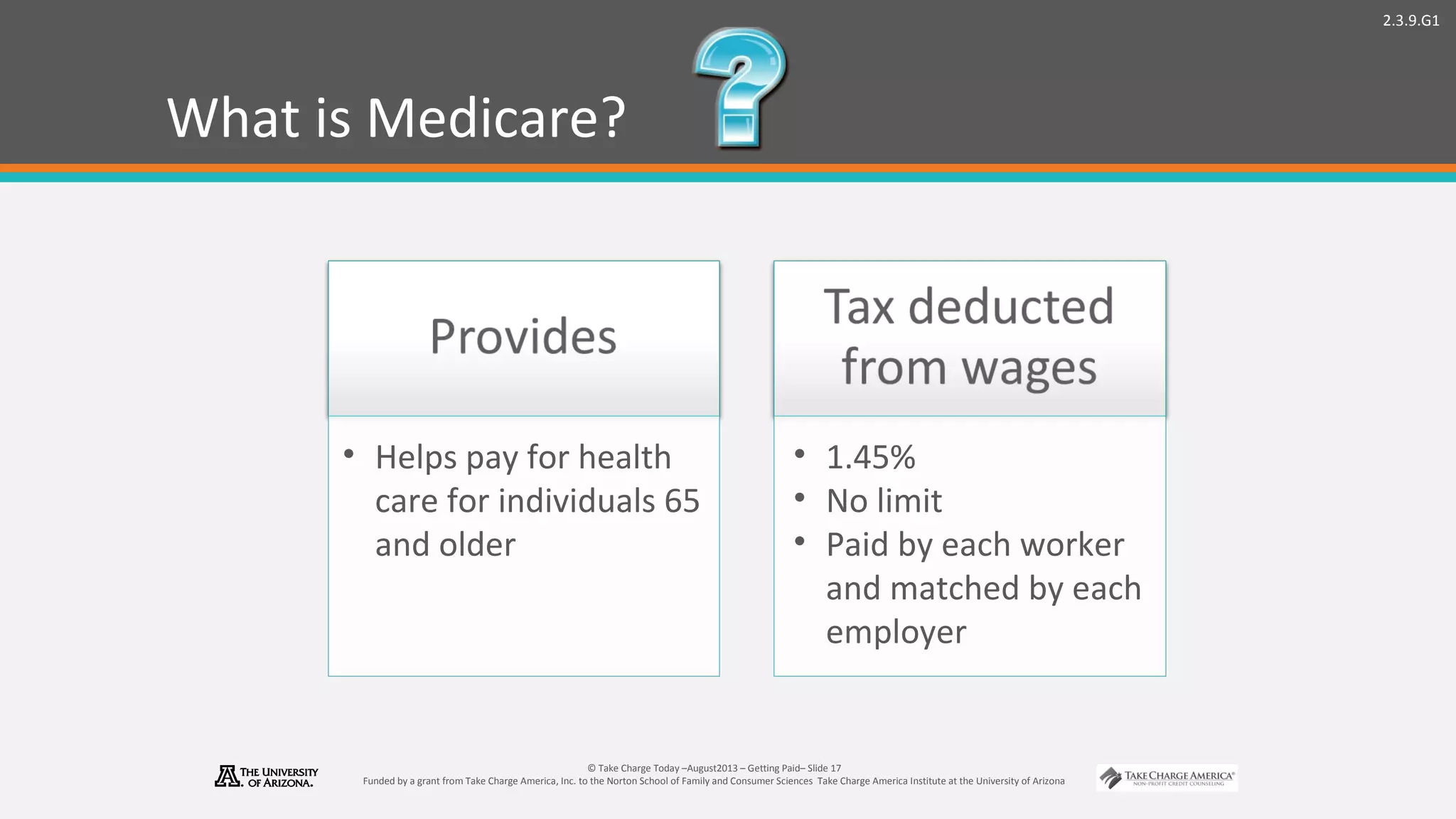 2.3.9.G1
© Take Charge Today –August2013 – Getting Paid– Slide 17
Funded by a grant from Take Charge America, Inc. to the Norton School of Family and Consumer Sciences Take Charge America Institute at the University of Arizona
What is Medicare?
• Helps pay for health
care for individuals 65
and older
• 1.45%
• No limit
• Paid by each worker
and matched by each
employer
 